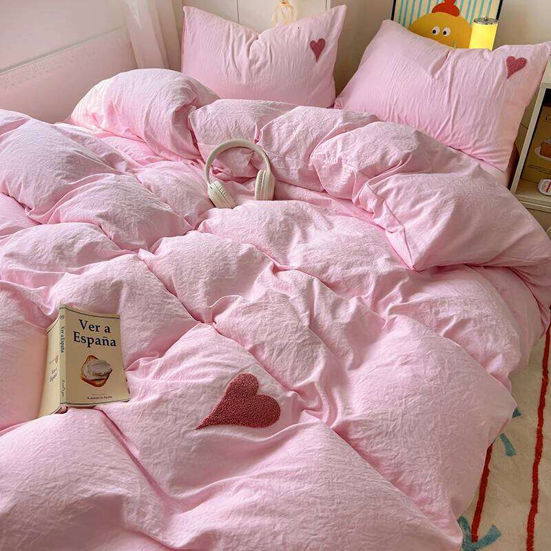 Cute Pink Heart Bedding Ins Nordic Embroidery Bed Sheet Of Four Pieces Home Duvet Cover Set For Girls H260312