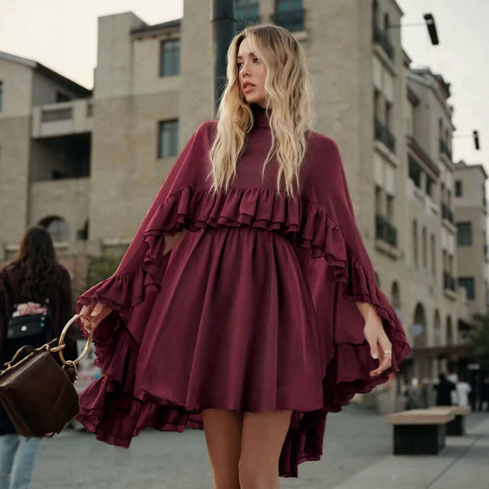 Sexy V-neck Sling Mini Skirt & Ruffle Cape Outfits Fashion Turtleneck Solid Color Loose 2Pc Suit Women Elegant Draped Party Set Asia Size