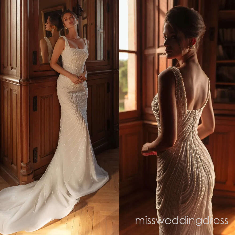 Elegant Pearls Wedding Dresses Spaghetti Straps Bridal Gowns Beading Sleeveless Backless Mermaid Customized Vestidos De Novia Plus Size