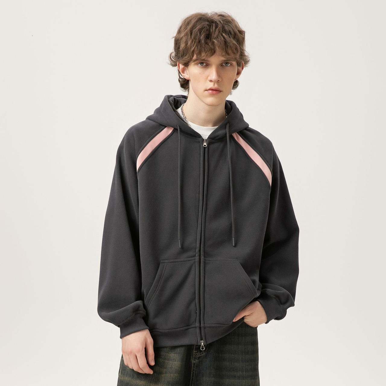 Heavyweight 380g Composite Cotton Raglan Sleeve Color-block Hooded Zipper Sweatshirt Designer Hoodie Men's College Style Loose Jacket Unisex
