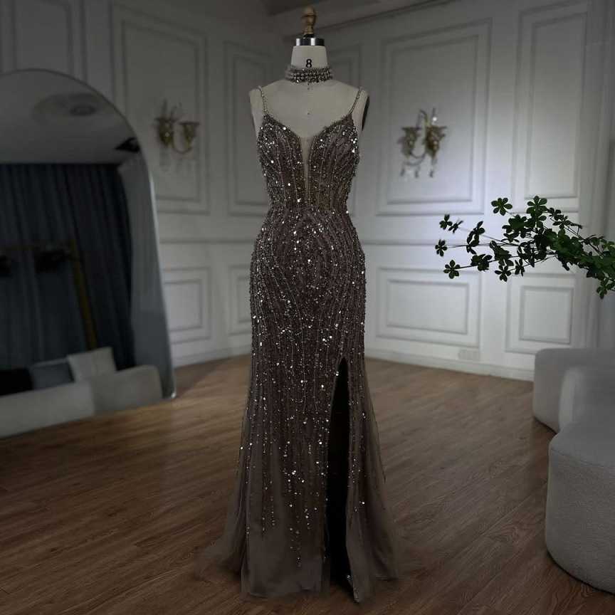 Silver Nude Mermaid Spaghetti with split Strap Beaded Evening Dresses Prom Gowns For Party Customized