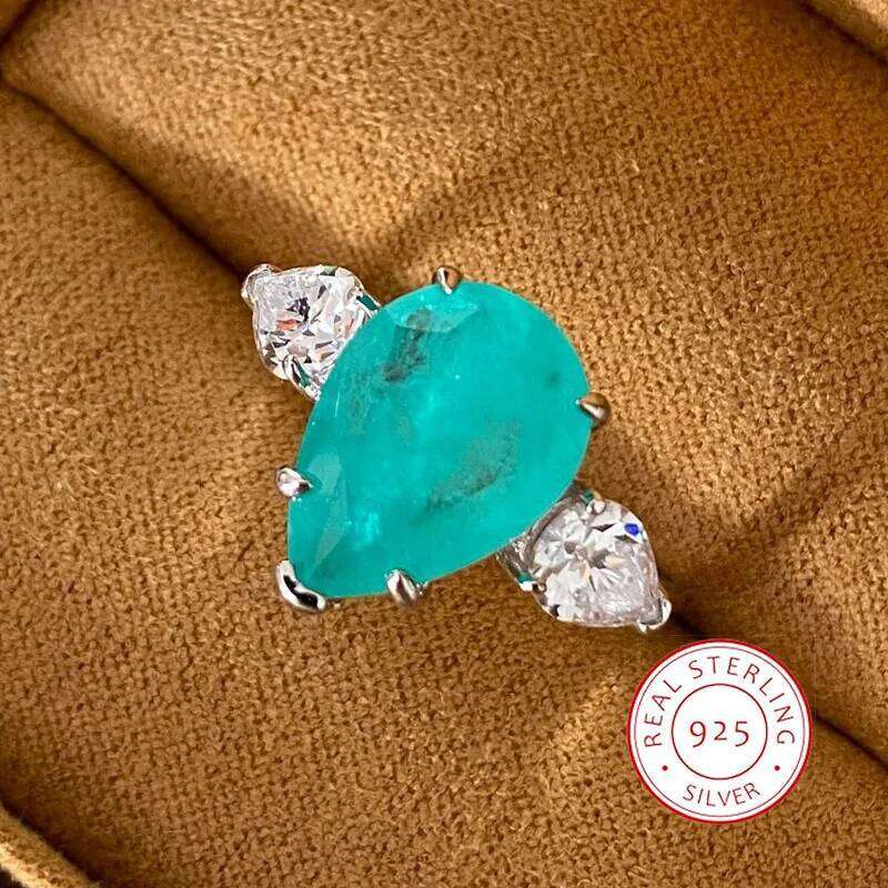 New Fashion Paraiba Geometric Drop Gemstone Ring Light 925 Sterling Silver Ladies Birthday Jewelry Gift H260312