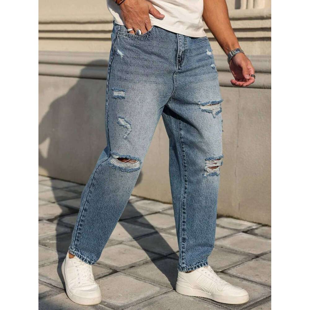 Men's blue ripped jeans, retro distressed beggar pants, street trend loose harem pants