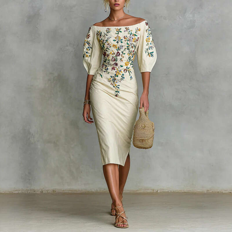 Spring Elegant Floral Print Slim Female Clothing Sexy Slash Neck Hollow Slit Party Dresses Woman Casual Half Sleeve Embroidered Waist-cinching Holiday