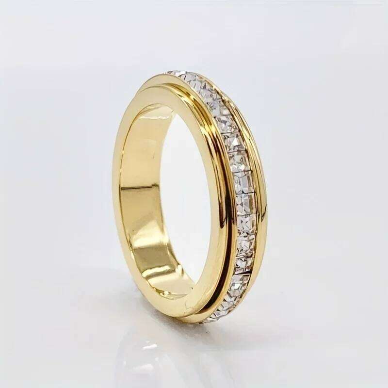 Elegant band ring made of stainless steel, set with shiny zircon, rotatable design, pressure relief H260312