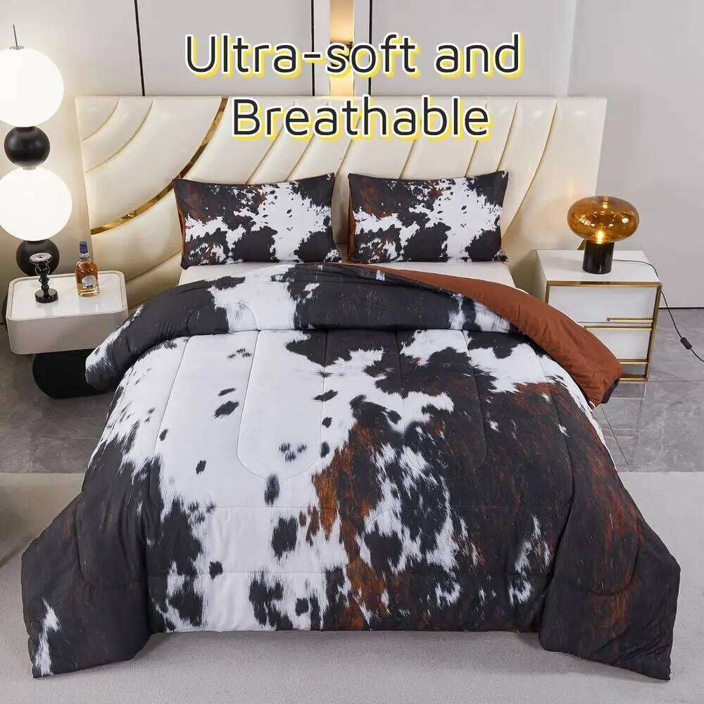Cow Print King Comforter Set - 3-Piece Western Farmhouse Rustic Bedding for Bedroom Decor