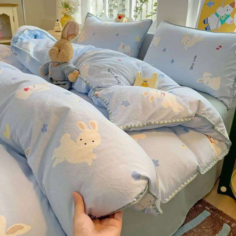 Ins Bedding Purple Love Stripe Double Layer Yarn Four Piece Dormitory Girl Heart Bed Sheet And Quilt Set Washed Cotton H260312