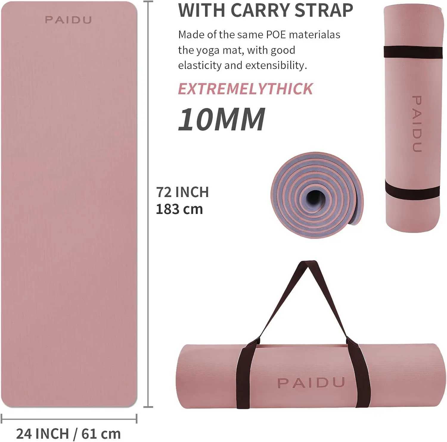 Non-Slip Anti-Tear Extra Thick 10mm Yoga Mat High Resiliency for Workout Yoga Pilates 72x24 inches with Strap M260312