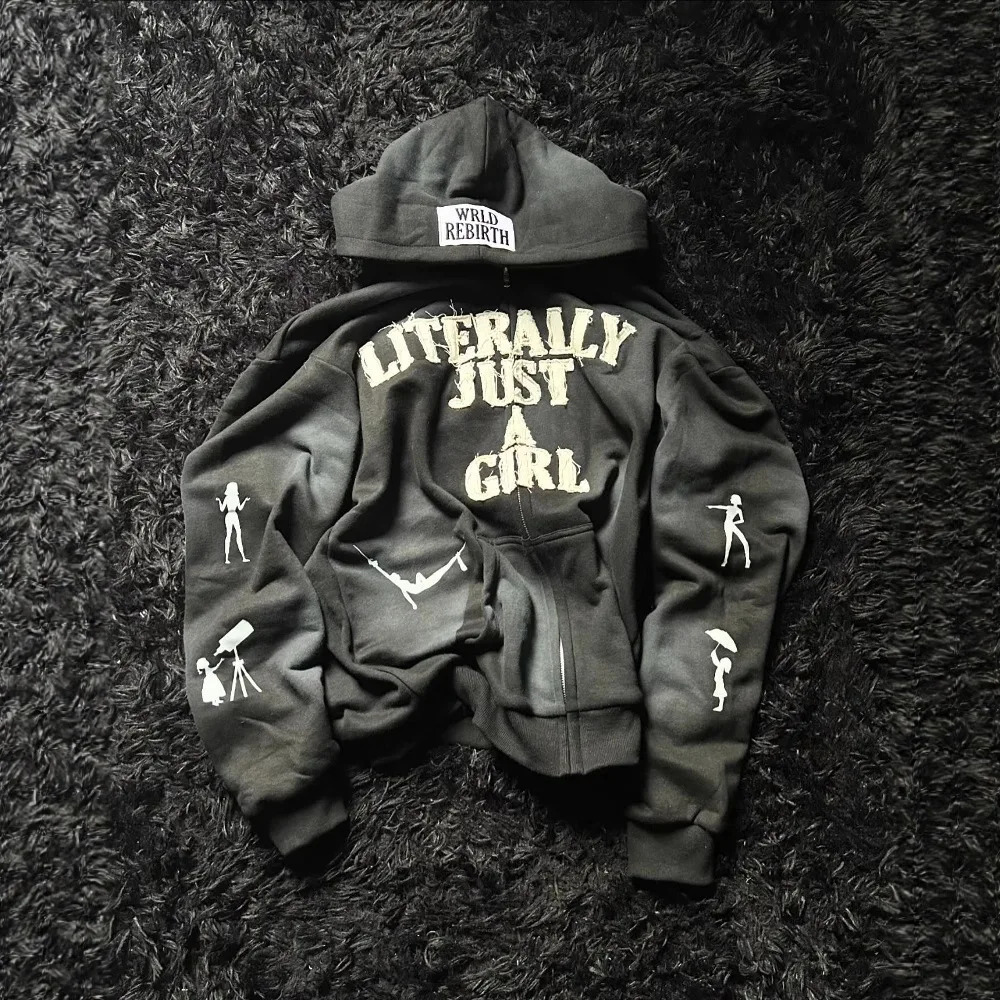 Y2K Hip Hop Hoodie Men Women 3D Print Letter Streetwear Loose Zip Up Cardigan Casual Oversized Pullover Sweatshirt Vintage Trend 260311
