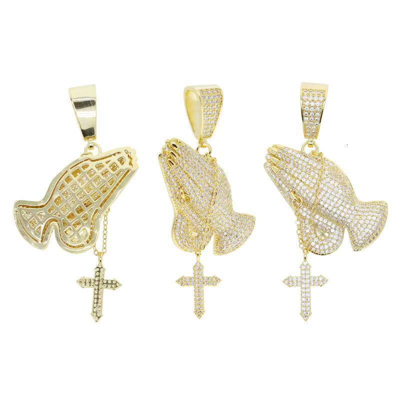 High Quality Micro Paved moissaniteVVSiaHip Hop Praying Hand Pendant with Dangle Cross Gold Plated Mens Necklace