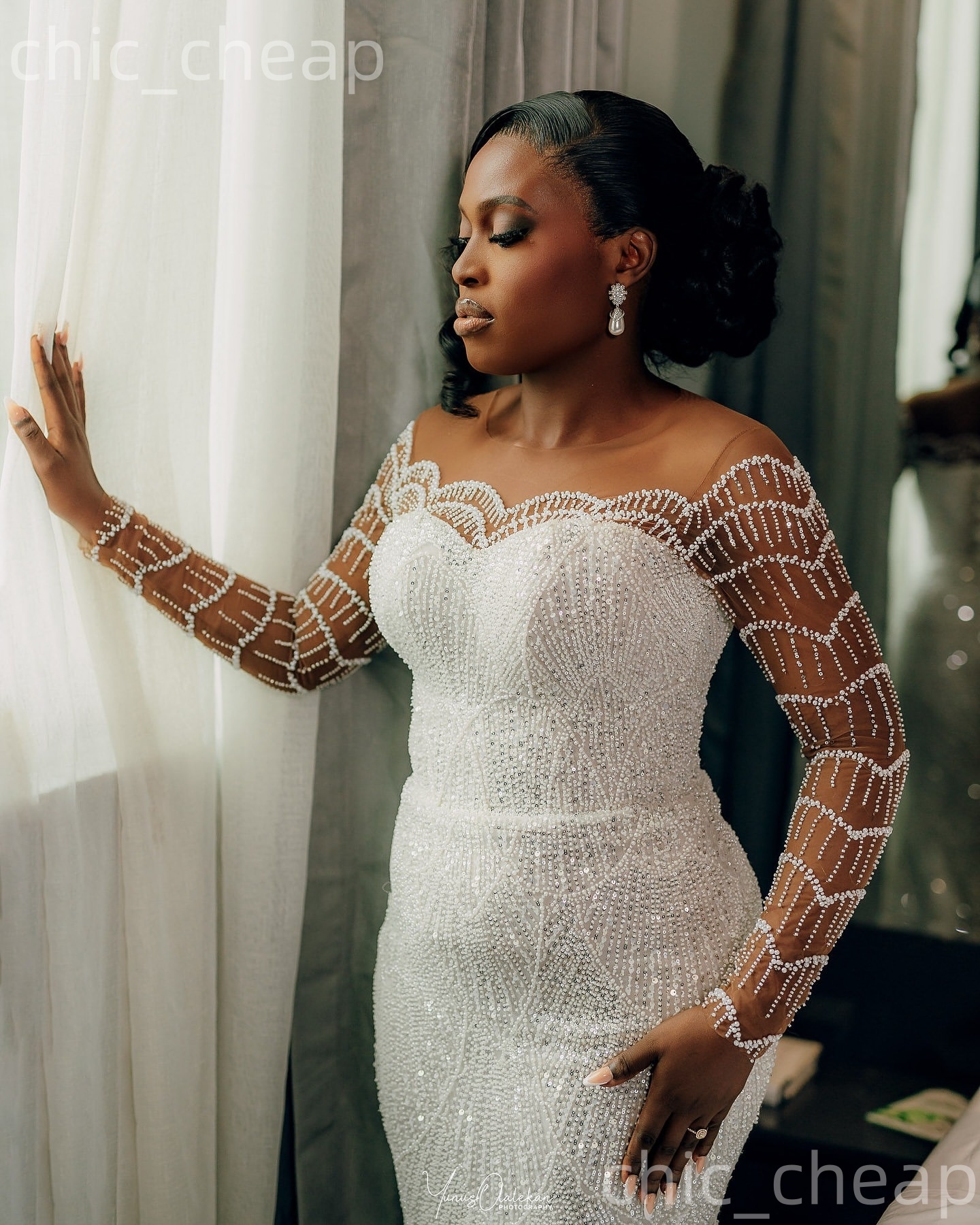 African Aso Ebi 2026 Ivory Mermaid Wedding Dress Sheer Neck Beaded Full Sleeves Detachable Train Sequined Elegant Bridal Gowns Dresses ZJ239