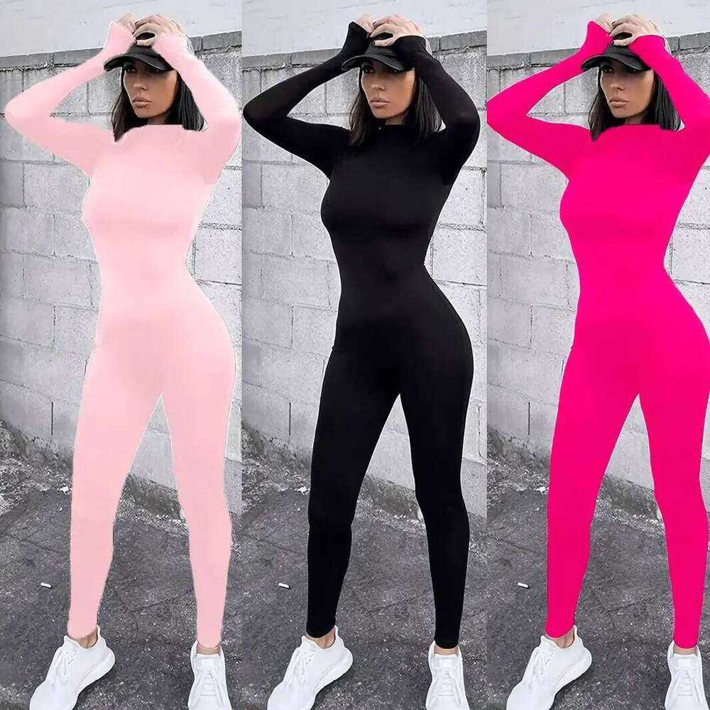 solid black/gray long sleeve skiing jumpsuit women elastic hight outfit fashion fitness sportwear slim rompers streetwear C260312