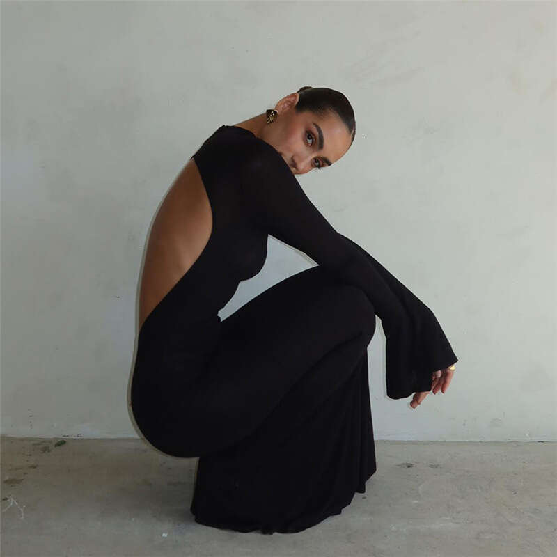 European and American Style 2026 Autumn Winter New Women's Fashion Round Neck Long Sleeve Sexy Backless Slim Fit Bodycon Dress