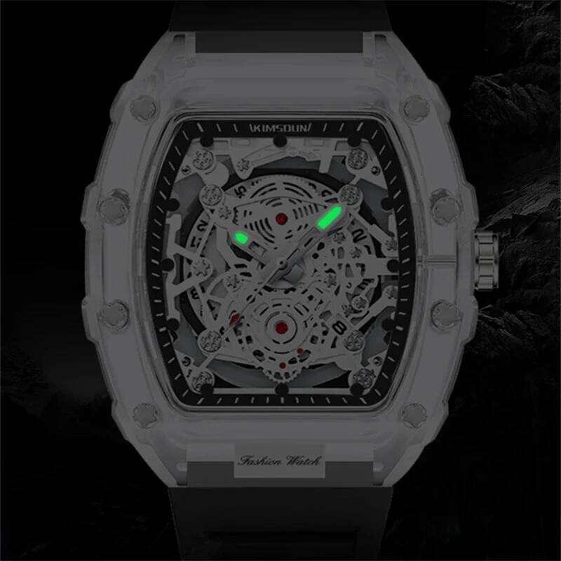 Fashionable Casual Men's Luminous Calendar Function Silicone Strap Tonneau Shaped Transparent Case Men Quartz Watch Reloj