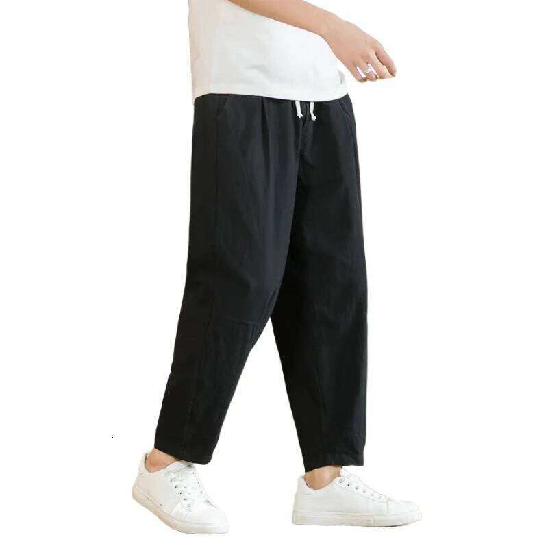 New Cotton Linen Mens Casual Solid Color Breathable Streetwear Loose Straight Drawstring Baggy Lightweight Sport Pants
