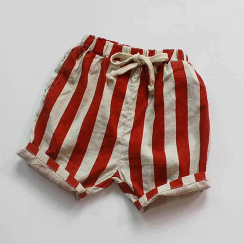 Summer 16Yrs Baby Girls Boys Shorts Cotton Linen Stripes Kids Fashion Casual Pants Children 260311