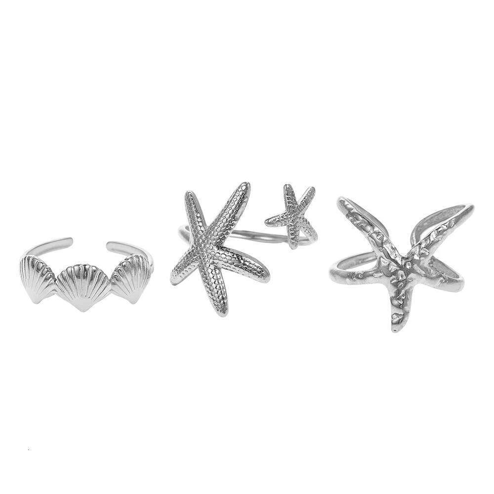 DGIDDK Stainless Steel Ring Set of 4 Resort Style Starfish Shell Women's Rings Summer Sunshine Beach Party Jewelry Gifts H260312