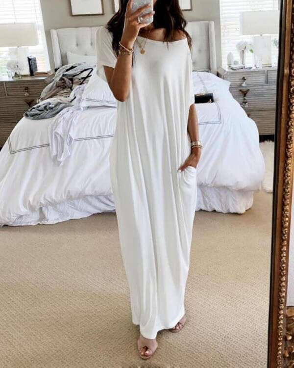 Popular foreign trade product: European and American summer new women's solid color short-sleeve long casual dress