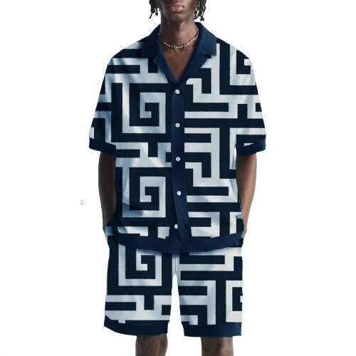 Men's summer Cuban collar short-sleeved with special symbol line print men's shirt comfortable, breathable and versatile