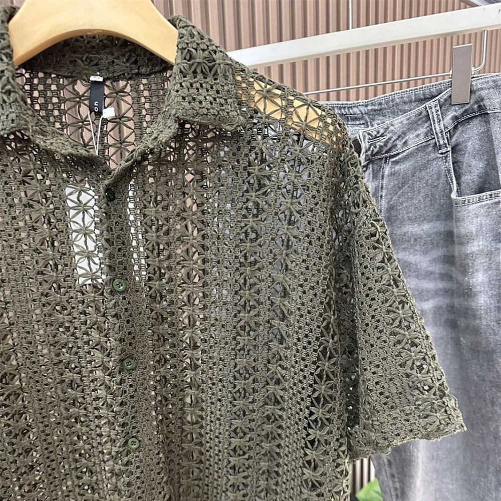 Mens Knitted Hollow Short-Sleeved Shirt American Retro Fashion Trend Simple Loose Breathable Vacation Summer Mens Tops 260311