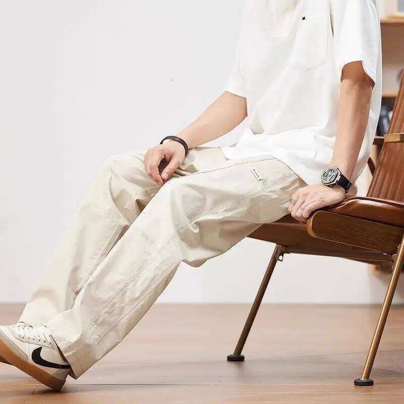 Beige for Men Spring and Autumn Cotton Trendy Versatile Straight Casual Pants American Loose Fashion Trousers