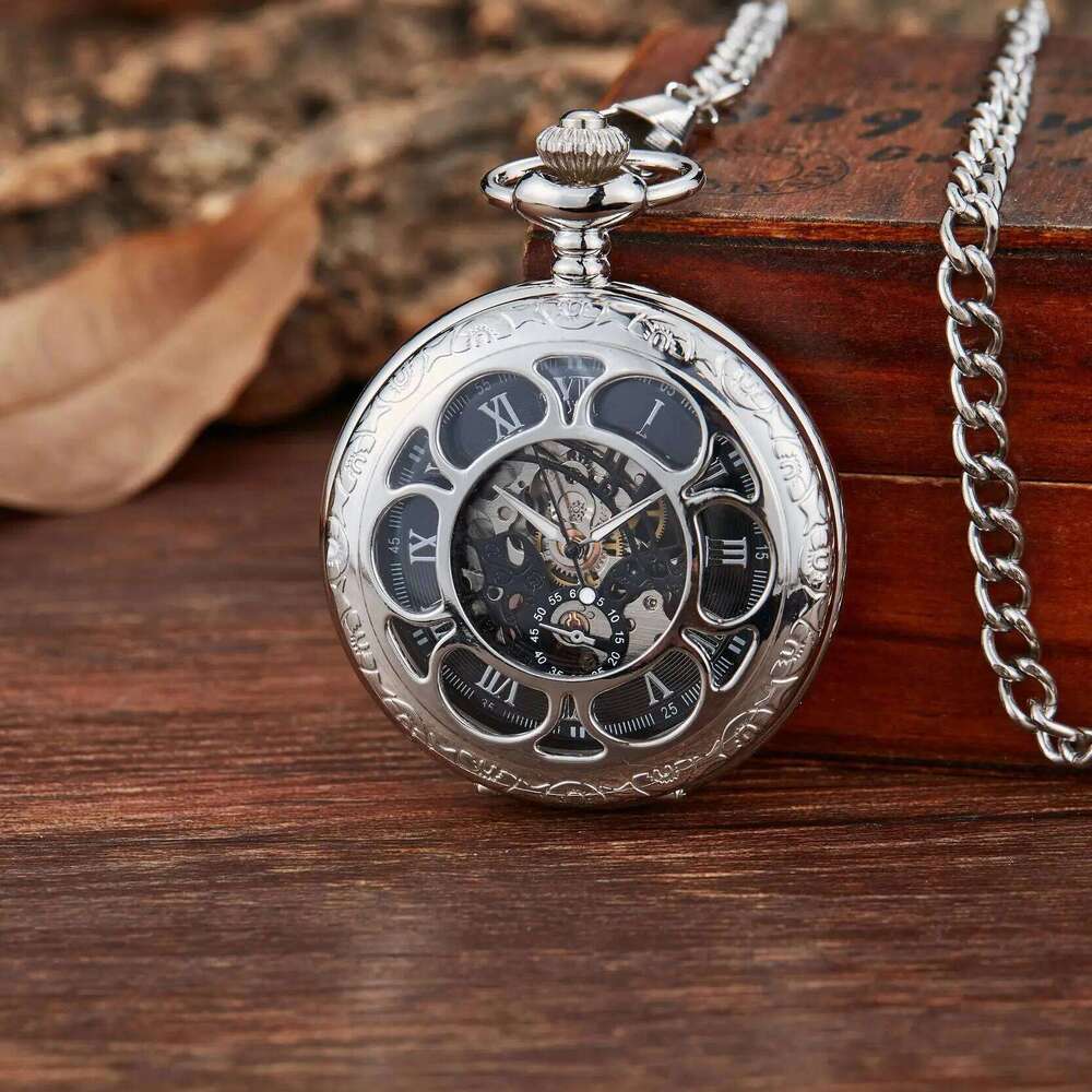 Retro classic luminous petals hollowed out flip cover manual winding men women mechanical pocket watch