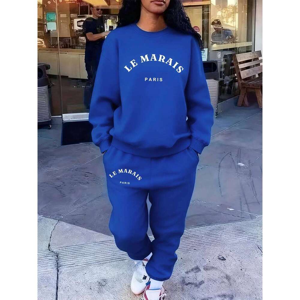 2 Pcs Hoodies Set Womens Le Marais Paris Prints Sweatpants Casual Loose Fleece Sweatshirt Jogging Outfits Winter Pocket Clothes C260312