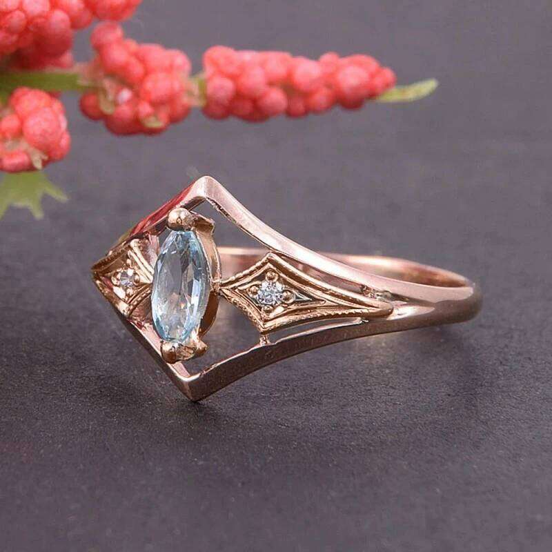 Huitan Rose Gold Color Women Rings with Marquise Blue Cubic Zirconia Elegant Wedding Party Bridal Accessories Fashion Jewelry H260312