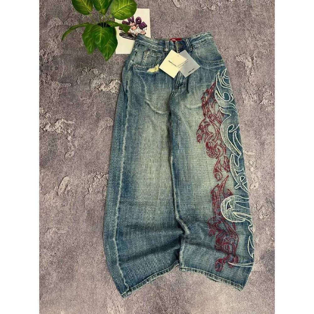 Y2K Fashion Pattern Embroidery Baggy Jeans Men and Women Street Vintage Hip Hop Casual Couple High Quality Wide-leg Pants 26Y0312
