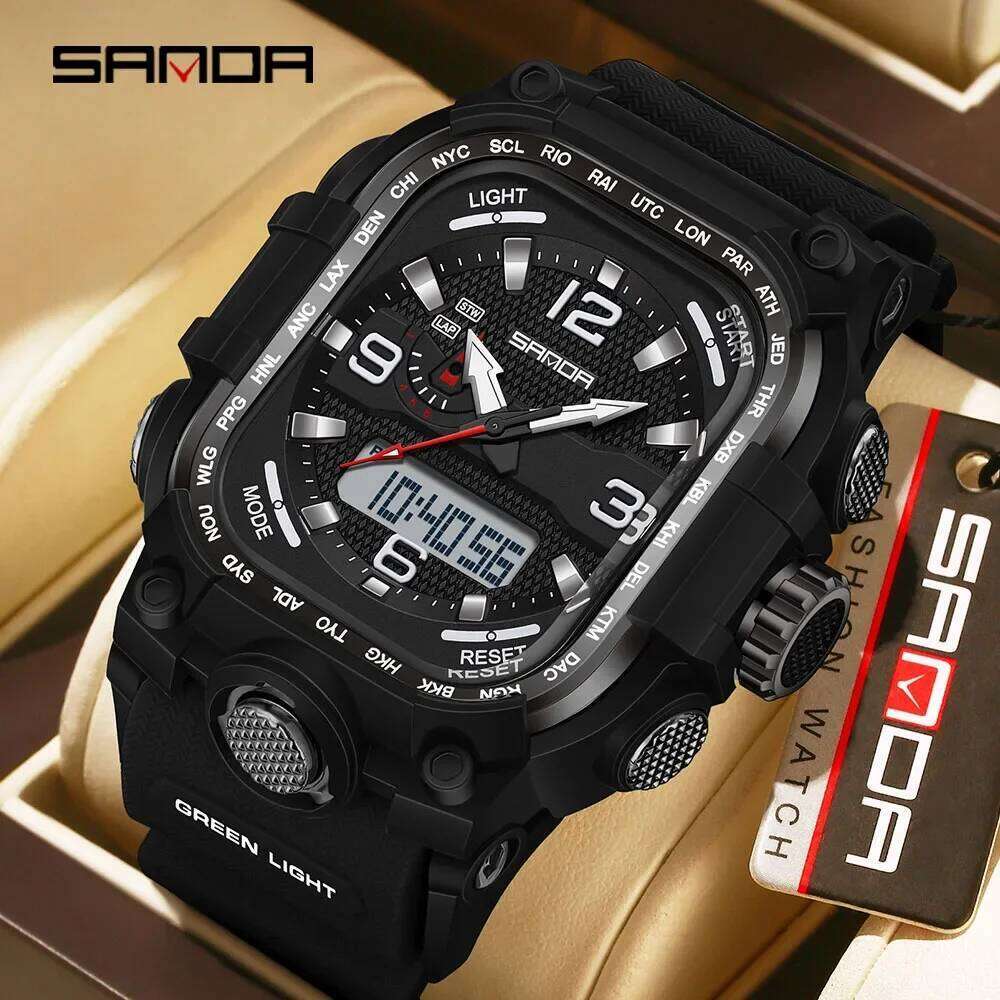 SANDA 2026 Men's Electronic Watch Multifunctional Luminous Alarm Clock Calendar Stopwatch Dual Display Digital Watches for Man