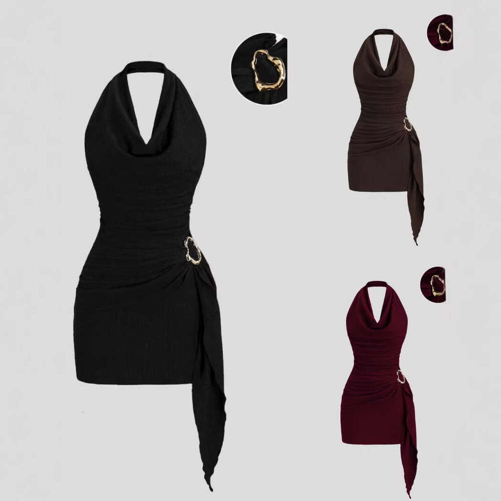 European and American cross-border women's fashion solid color V-neck halter neck backless dress