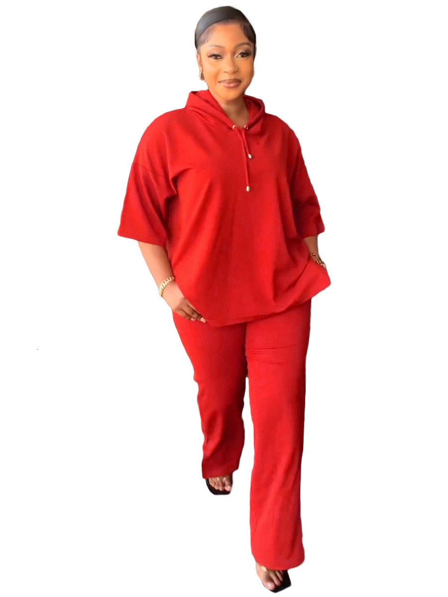 Womens Spring and Autumn Fashion Casual Loose Hooded Mid-Sleeve Split Long Pants Two-Piece Set