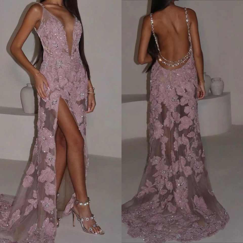 Nice-looking Evening Dresses Deep V-Neck Crystals Sequins Sleeveless Backless Party Dresses Celebrity Prom Gown Customized Vestido De Novia