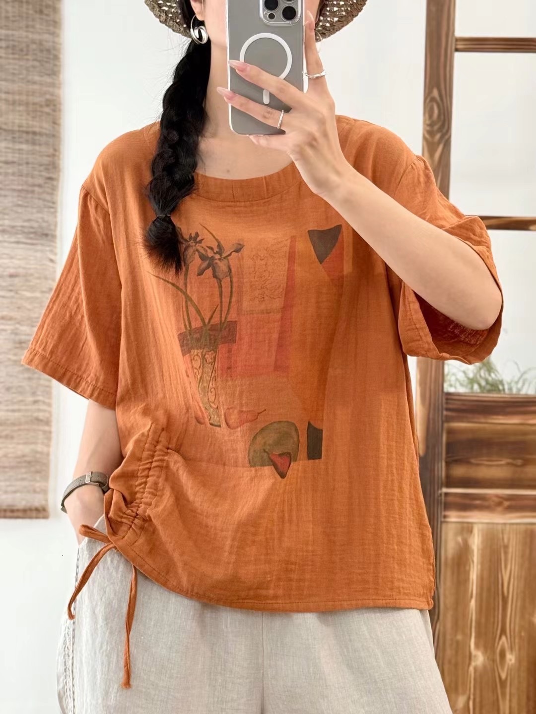 Summer New Double-layer Cotton Gauze Round Designer Hoodie Neck Printed Short Sleeve Women Loose Designer Shirt Fit Plus Size Versatile Polo Shirt Dra