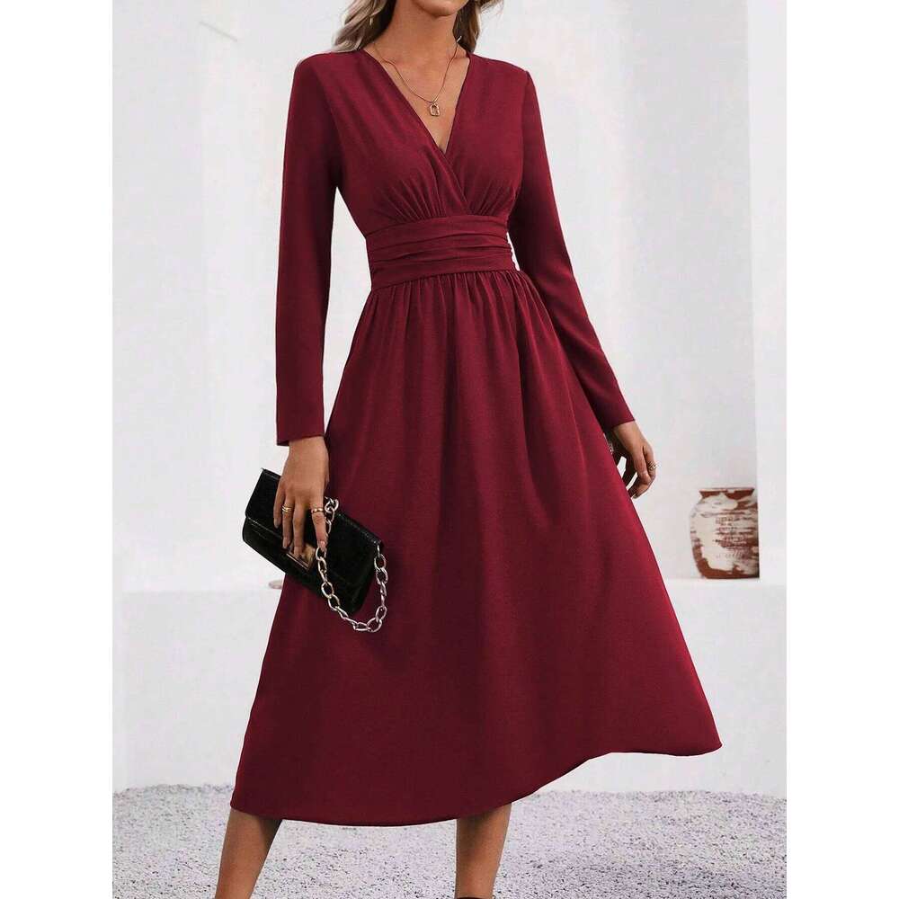 Elegant Solid Color Knit for Women 2025 Fall Winter Overlap V-Neck Sleeve with Waist Shirring Bodycon Long Maxi Dress C260311