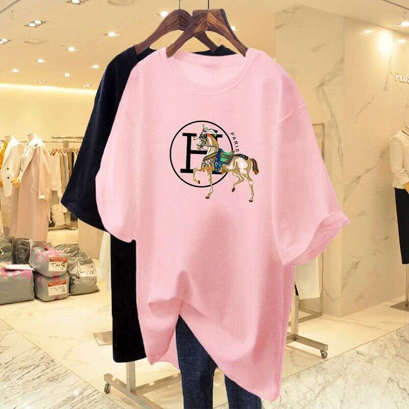 Pure Cotton Pink Letter Print Short-Sleeve T-Shirt For Women, Loose And Long Style Spring-Summer New European Style Oversized Trendy Top Ins Asia Size