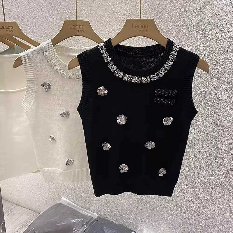 Floral Beading Slim Knit Vests Women Crop Tops 2025 Summer Sleeveless O-neck Knitwear Pullover Elegant Vintage Stylish VestsT260312