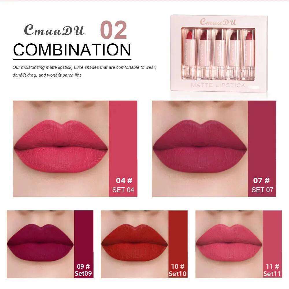 5pcs CmaaDu Matte Velvet Lipstick Set - Long-Lasting Waterproof Red Nude Lipsticks Collection Non-Stick Cup Makeup Cosmetics W260311