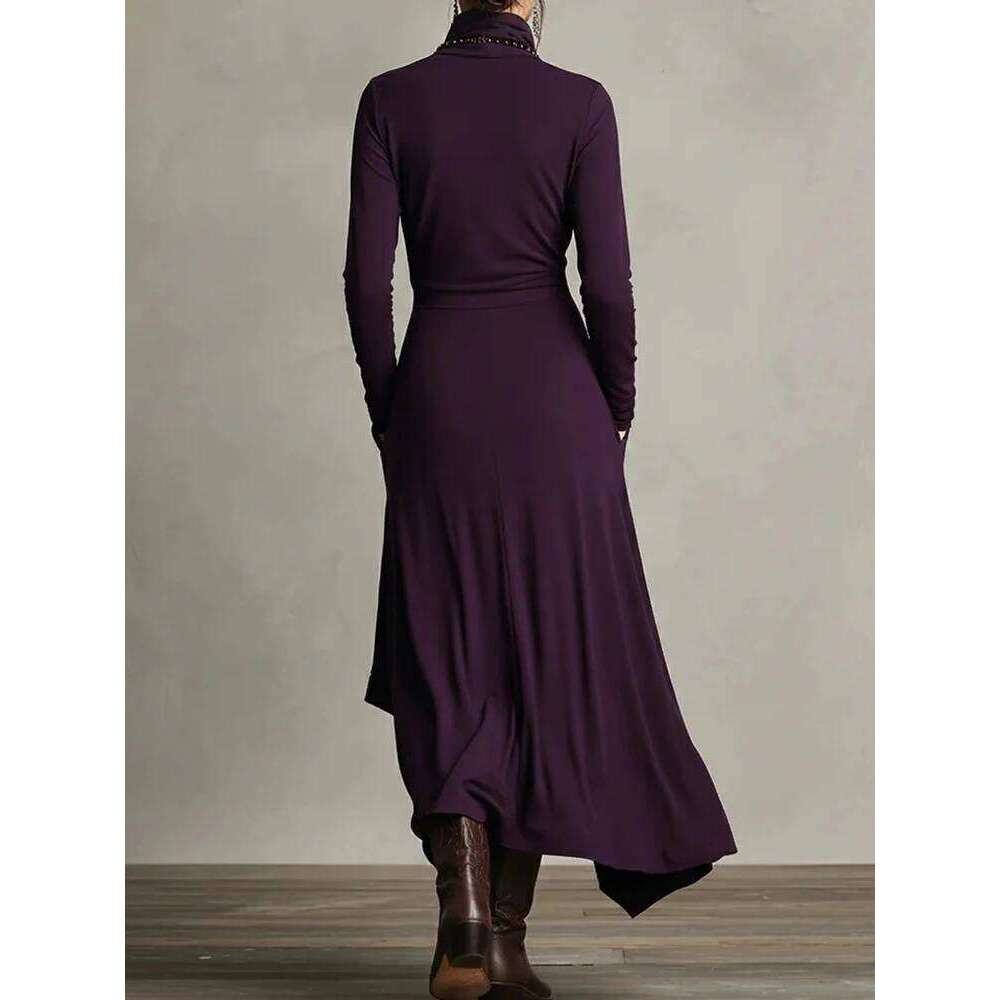 Spring Autumn Long Sleeve Solid Party Women Holiday Turtleneck Simple Irregular Dress, New Fashion Patchwork Ladies Dress C260312