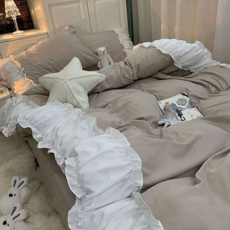 Korea Princess Purple Bedding Sets Bed Pillowcases Duvet Cover 3/4 Pieces Home Decoration Washed Cotton Flat Sheet Set H260312