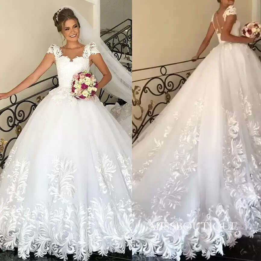 2022 Gorgeous Lace Applique Wedding Dresses Bridal Gown Tulle Sweep Train Cap Sleeves Sheer Neck Custom Made Plus Size Vestidos De Novia 403 B0312