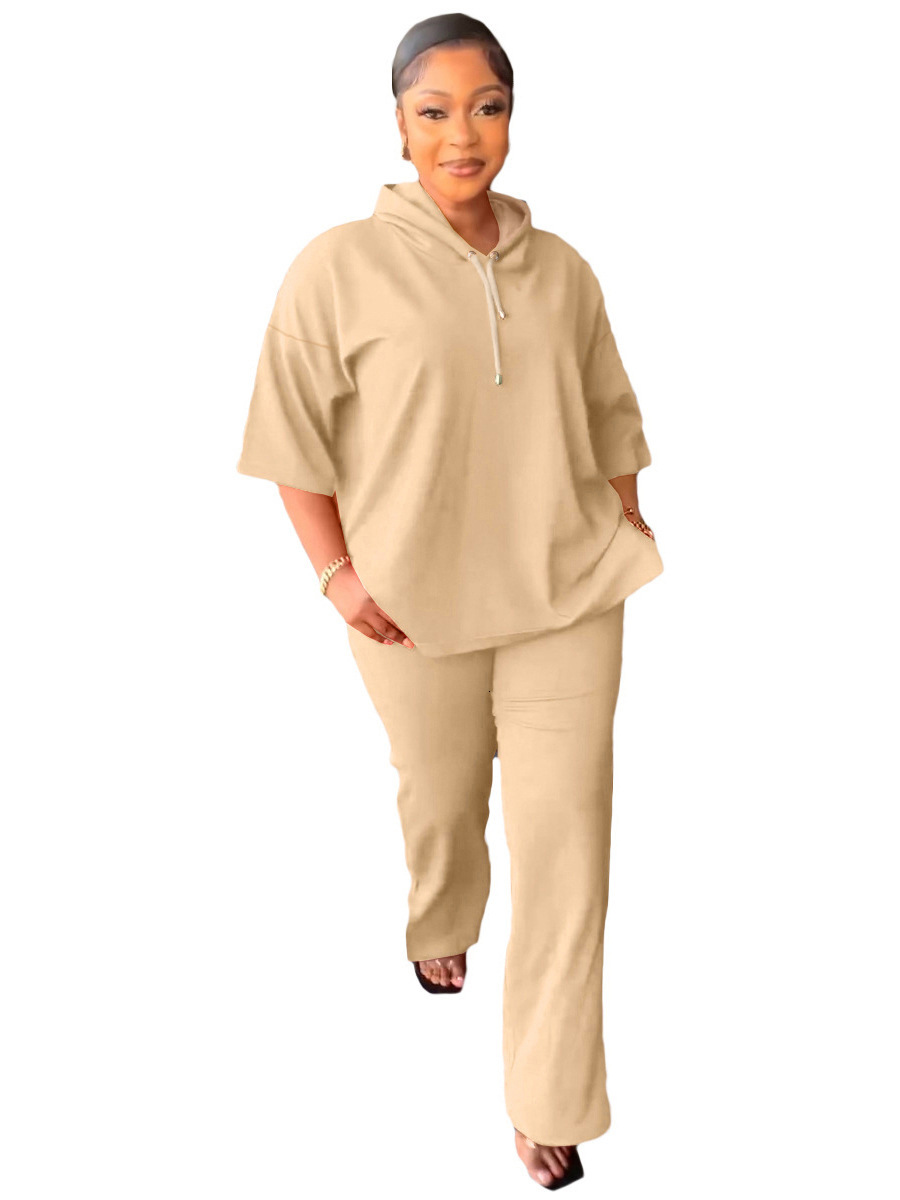 Womens Spring and Autumn Fashion Casual Loose Hooded Mid-Sleeve Split Long Pants Two-Piece Set