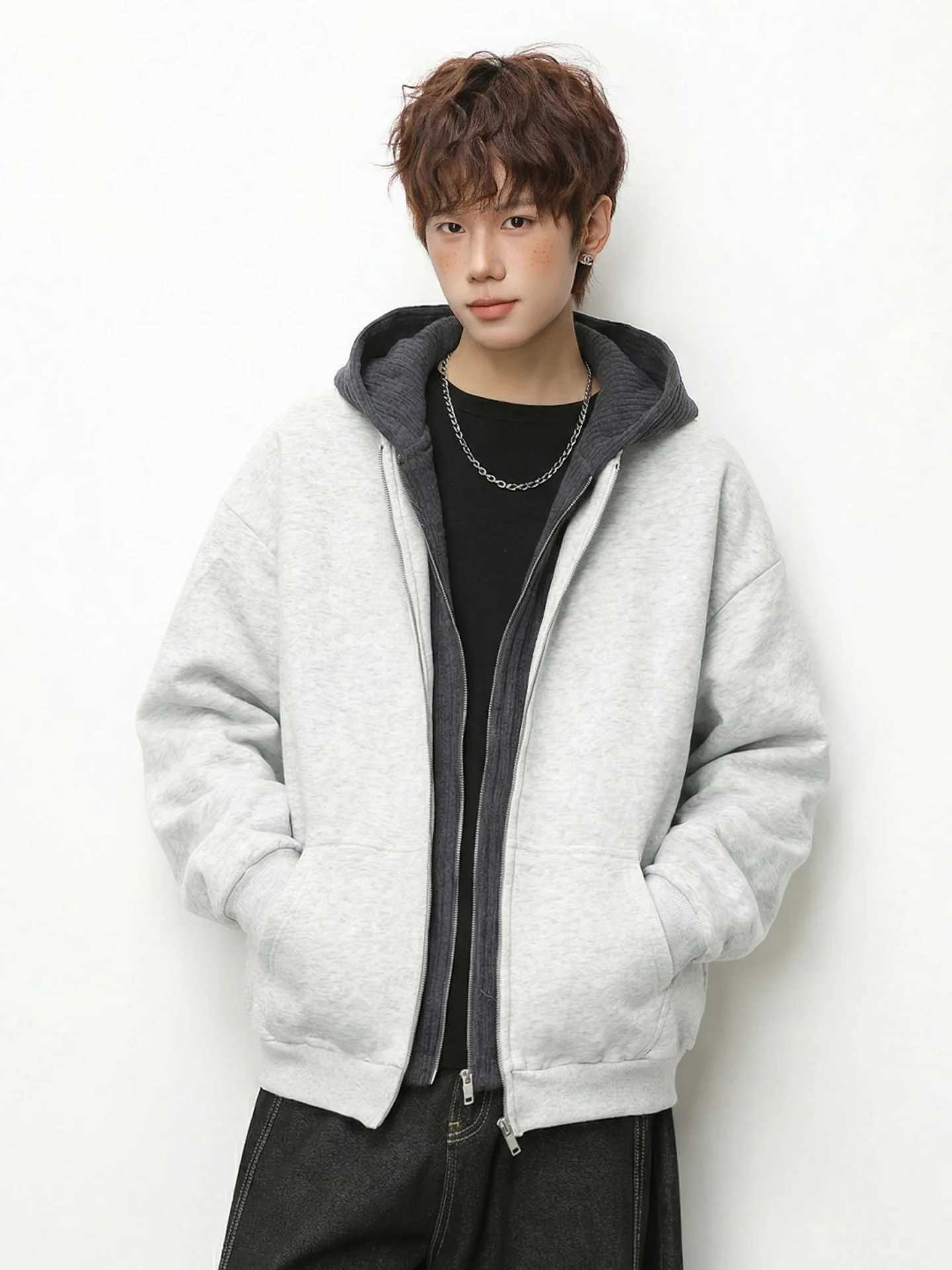 Heavyweight Textured Knit Patchwork Fake Two-Piece Cardigan Hooded Sweatshirt for Men Versatile Casual Outerwear M260312