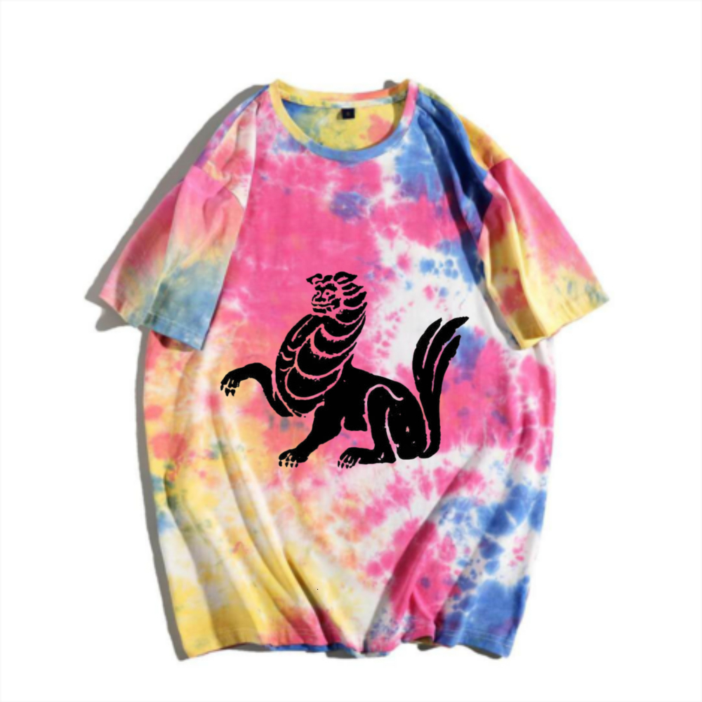 China-Chic new Chinese auspicious animal tie dyed short sleeved T-shirt Rainbow gradual change retro divine animal print men's summer versatile t