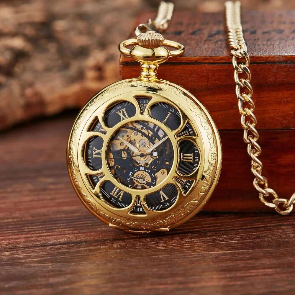 Retro classic luminous petals hollowed out flip cover manual winding men women mechanical pocket watch