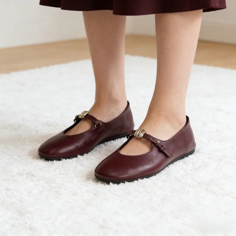 Metal Decoration Ballet Flat Retro Round Toe Soft Leather Mary Jane Shoes Light Sole Comfortable Casual 260306