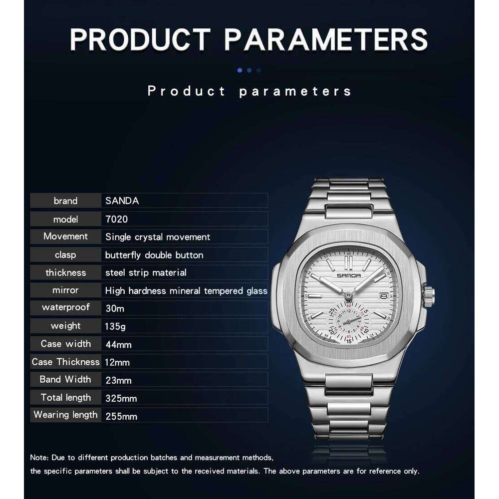 SANDA 7020 Elegant Men's Calendar Watch Unique Design Dial Stainless Steel Strap Japanese Quartz Movement Waterproof