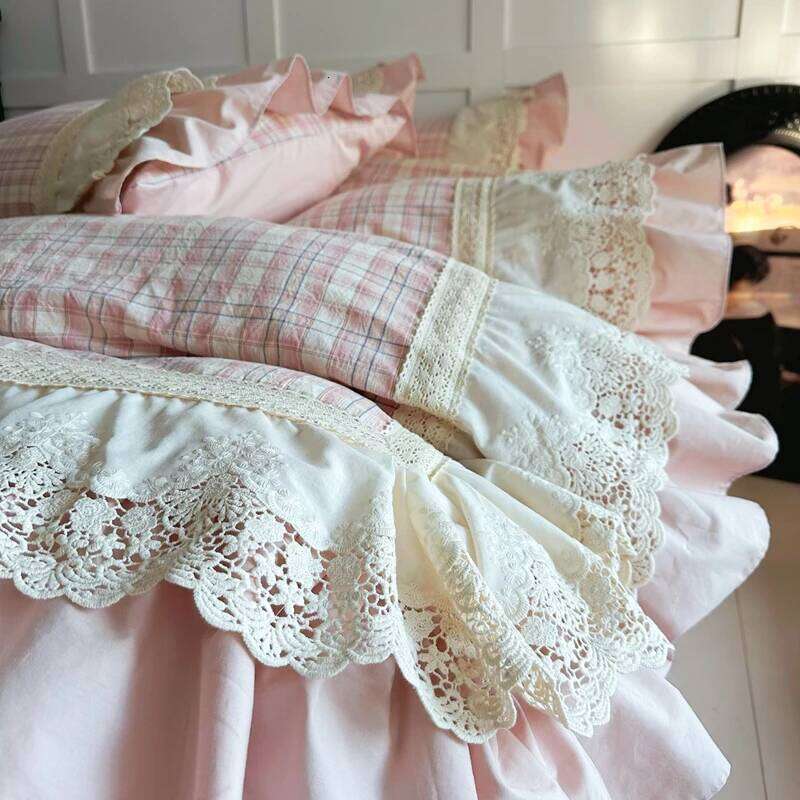 Vintage French Plaid Lace Ruffles 100% Cotton Bedding Duvet Cover Set Bed Sheet/Bed Skirt/Fitted Sheet Pillowcases 4Pcs H260312
