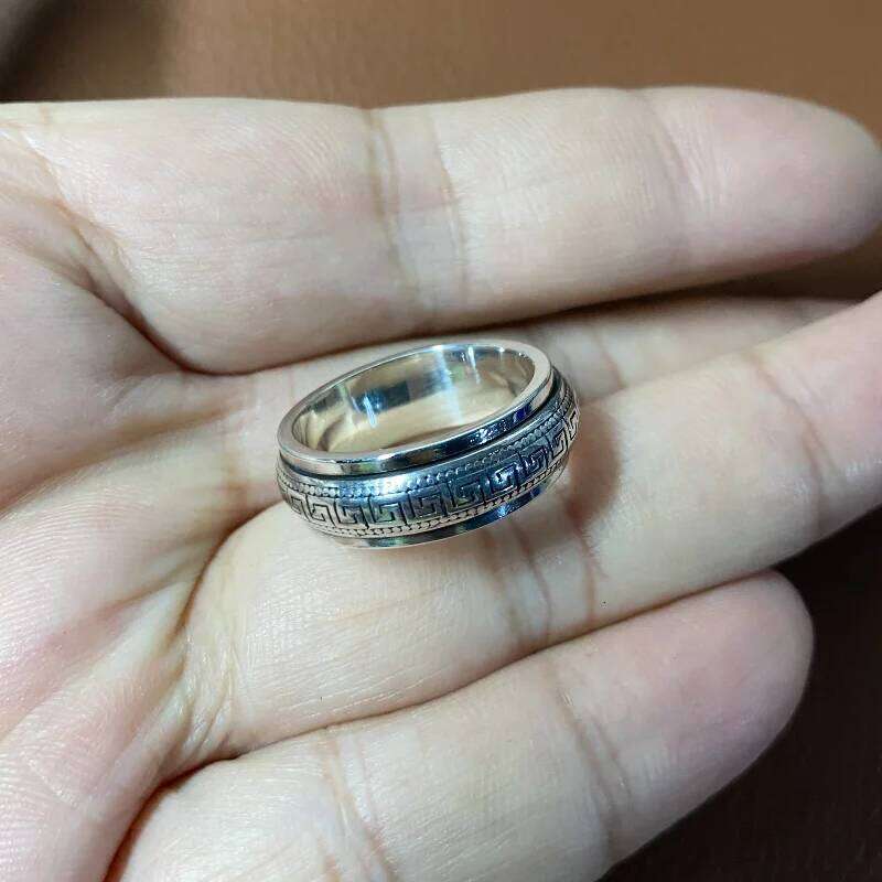 Real S999 Sterling Silver Vintafe Great Wall Pattern Double Layer Rotatable Closed Rings For Man Woman Lucky Jewelry Gift H260312