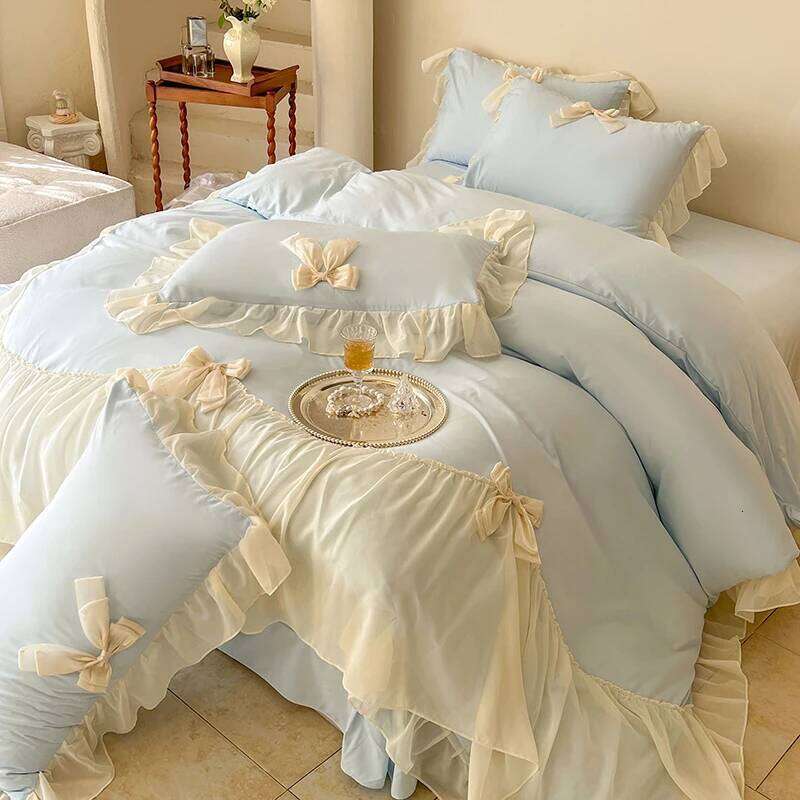 French Princess Style Bedding Sets Ruffle Lace Bow Quilt Romantic Wedding Bedclothes Decor Woman Girls Bedroom Duvet Cover H260312